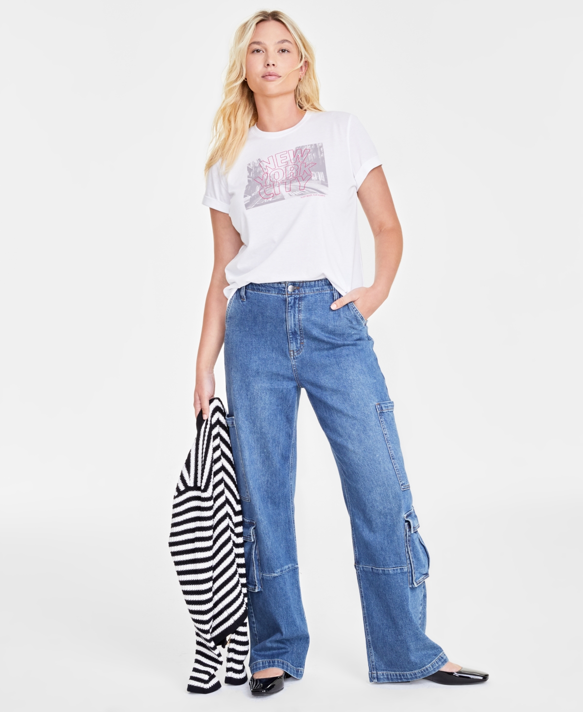 Women's High Rise Utility Cargo Jeans, Created for Macy's - Tinted Dark