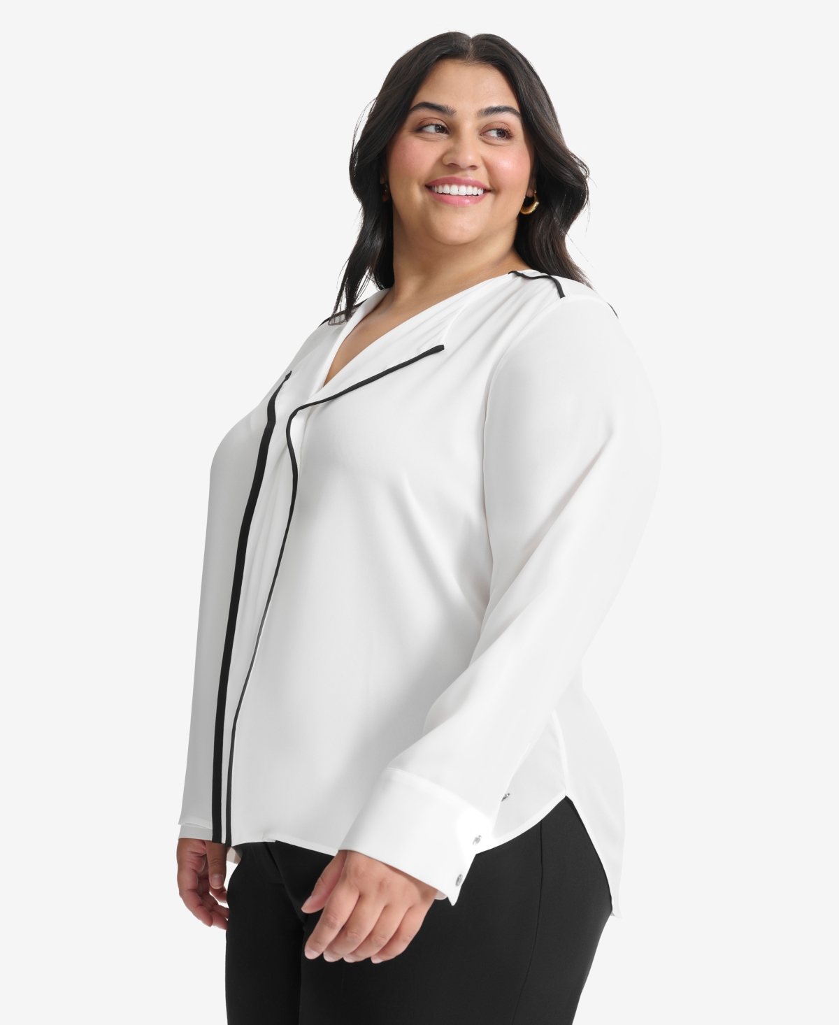 Dkny Plus Womens Control Top Chiffon Blouse In Linen White,black