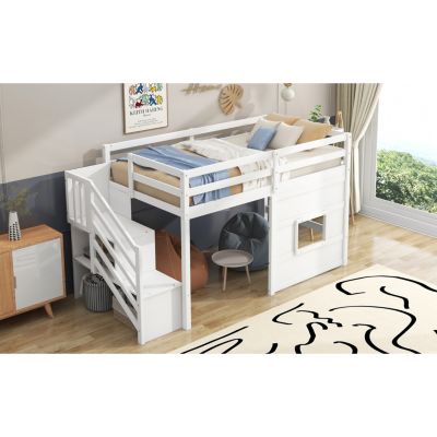 Twin Size Loft Bed With Storage Staircase And Window.