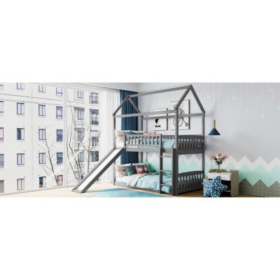 Streamdale Twin Over Twin Bunk Bed With Slide, House Bed With Slide
