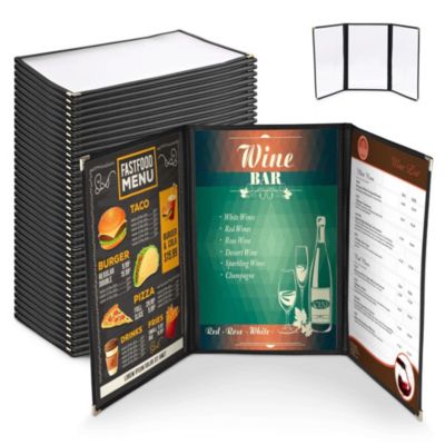 30 Menu Cover 8.5X14 6 View Triple Fold Double Stitch Trim Cafe Restaurant Black