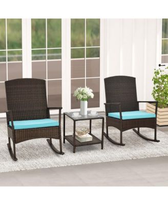 3 Pieces Rocking Wicker Bistro Set Outdoor Front Porch Rocker Chairs Conversation Set Turquoise