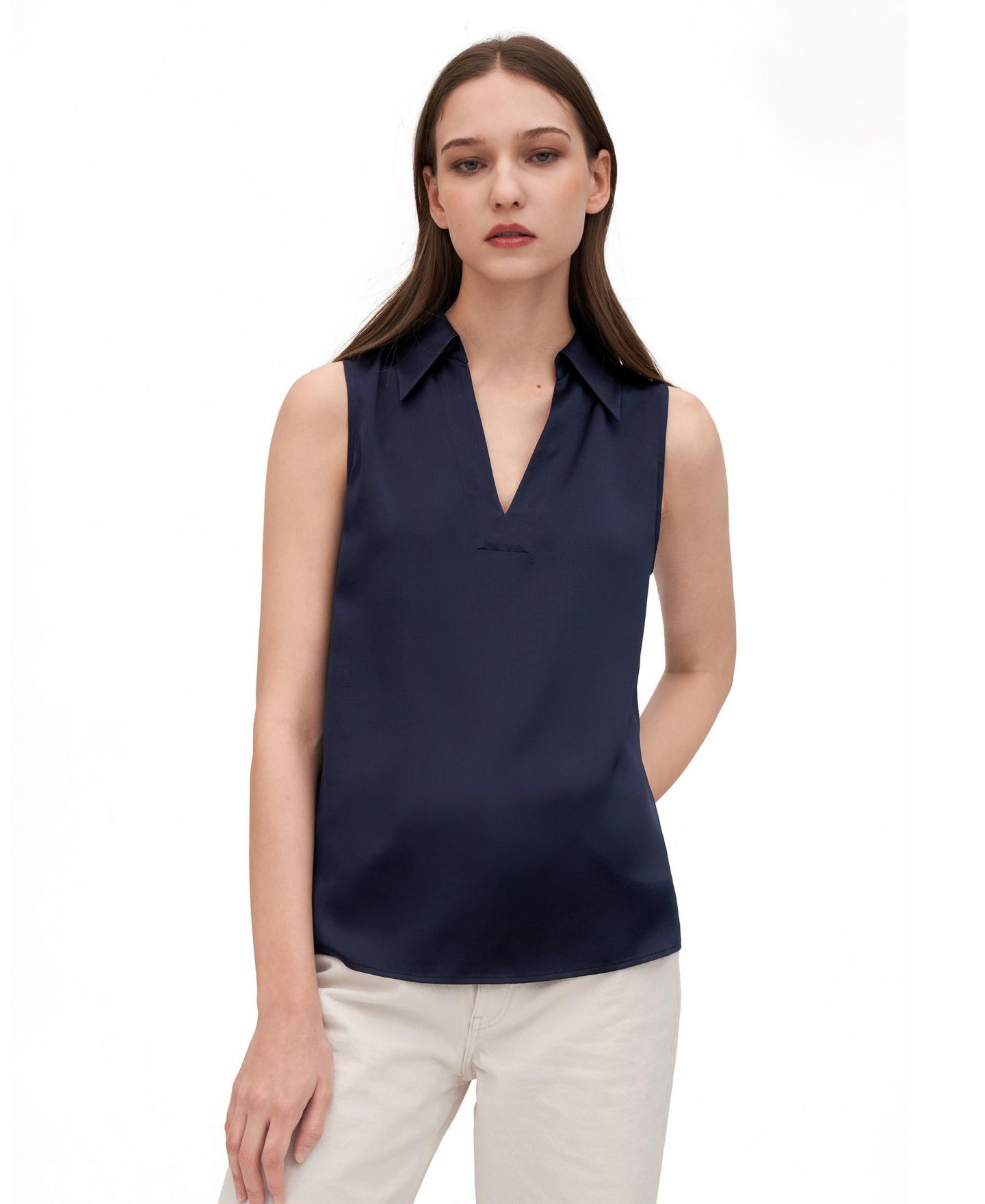 Женская блузка LILYSILK V-Neck Sleeveless Silk Violet, цвет: Тёмно-синий — фото 1