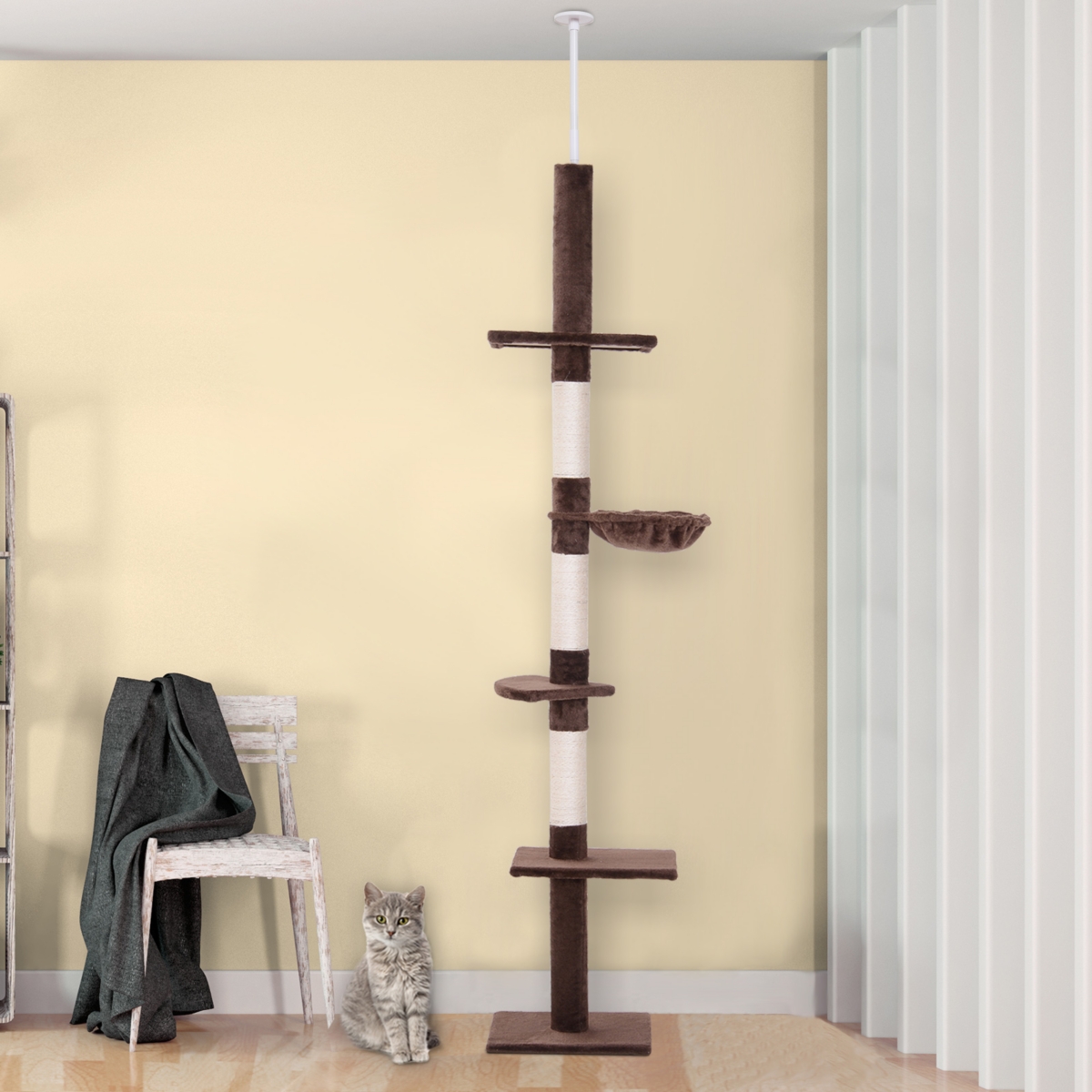 PawHut Indoor Height Adjustable Cat Activity Tower w/ 3 Sisal Scratching Areas,- Brown