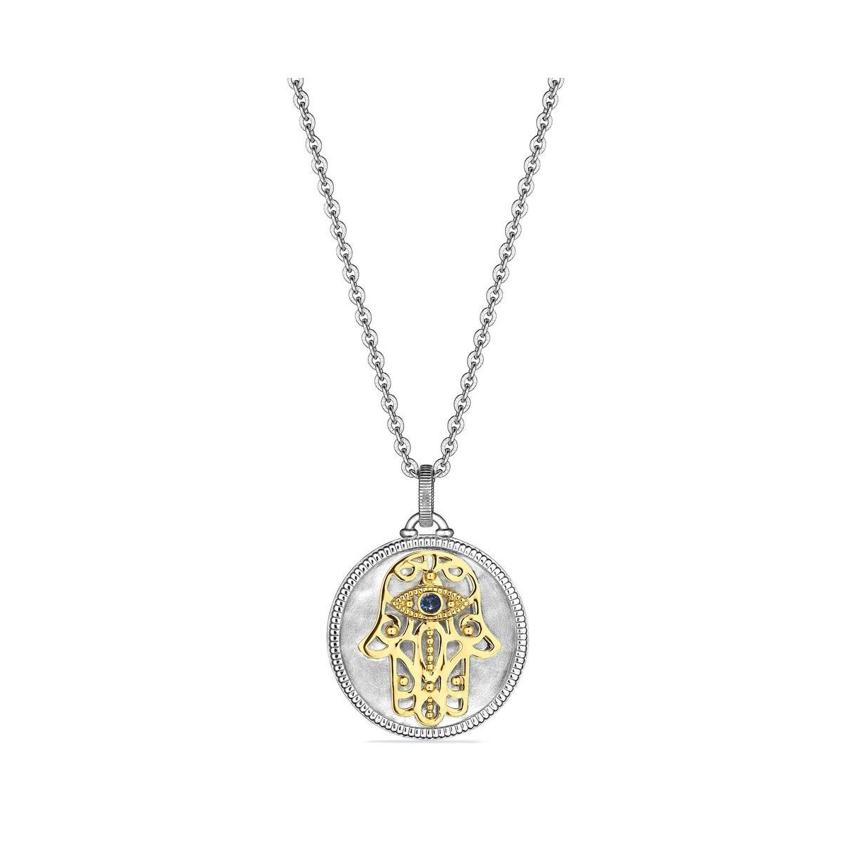 Little Luxuries Long Hamsa Medallion Necklace with Blue Sapphire, Diamonds and 18K Gold - Silver/gold