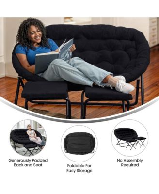 Janey Folding Double Saucer Chair With 2 Ottomans And Steel Frame For Dorm Or Bedroom