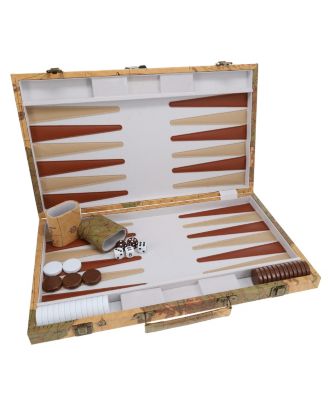 Tan Map Style Leatherette Backgammon Set, 14.75 x 9.75 in. closed