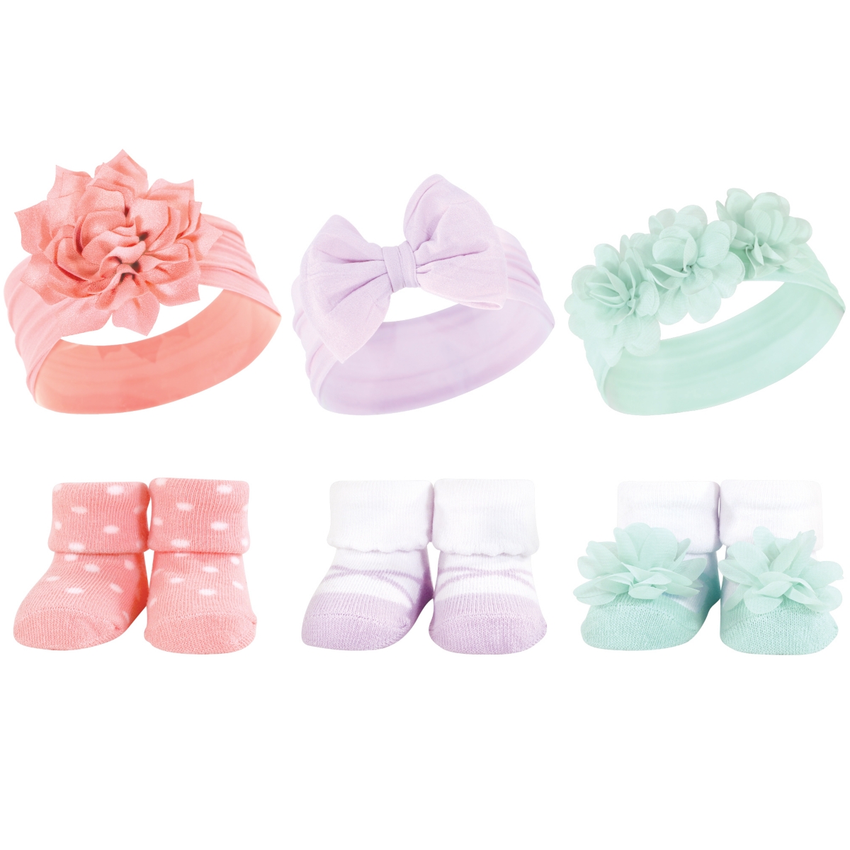 Hudson Baby Infant Girl 12Pc Headband and Socks Giftset, One Size - Pink purple mint