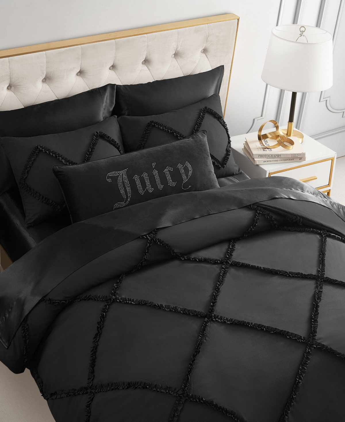 Juicy Couture Diamond Ruffle 3 Piece Reversible Comforter Set, King In White