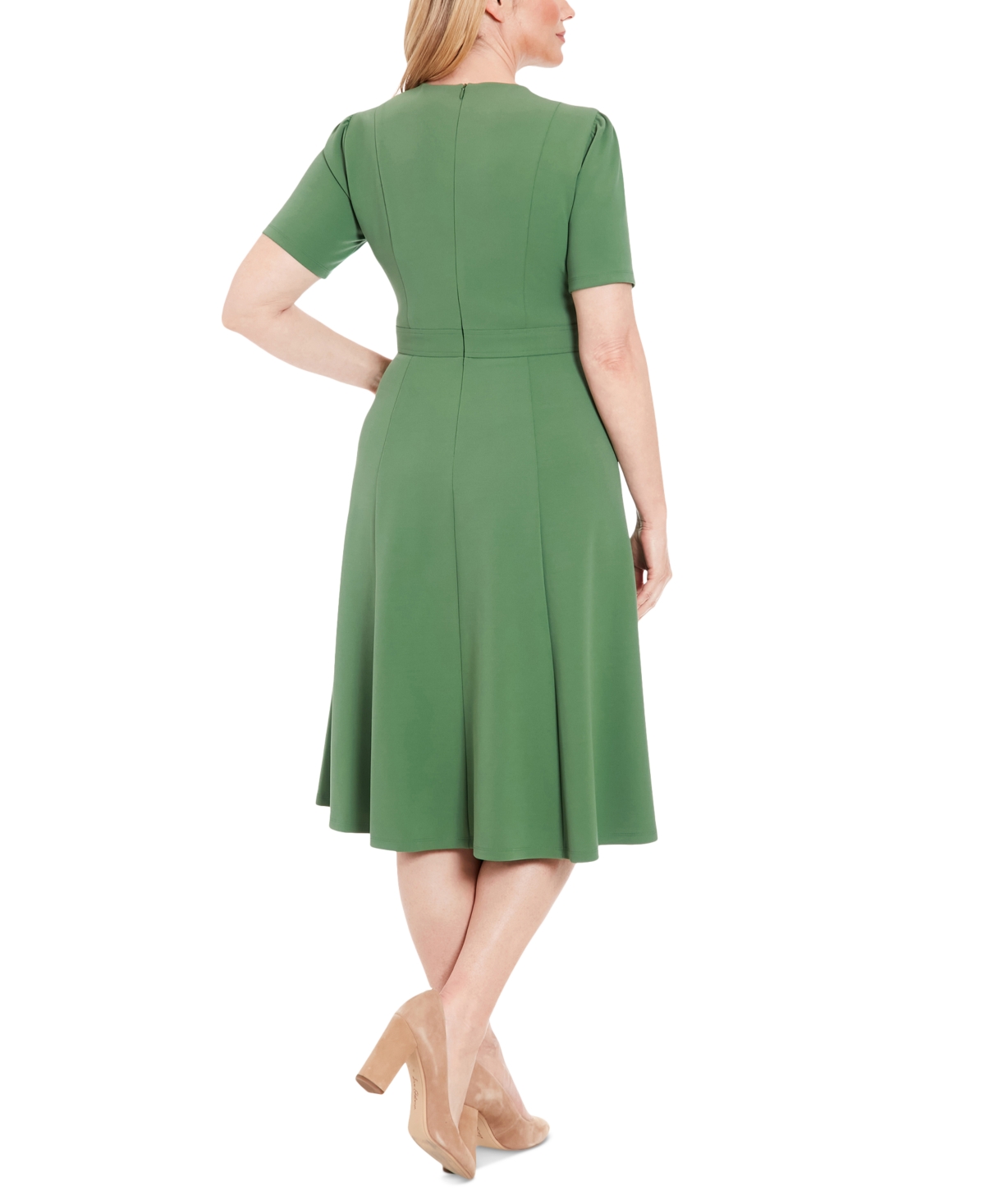 London Times Women's Puff-Sleeve Tab-Detail Fit & Flare Dress