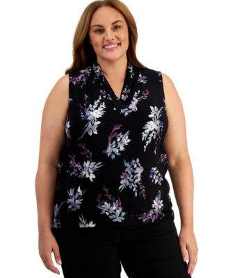 Anne Klein - Plus Size Printed Triple-Pleated V-Neck Top