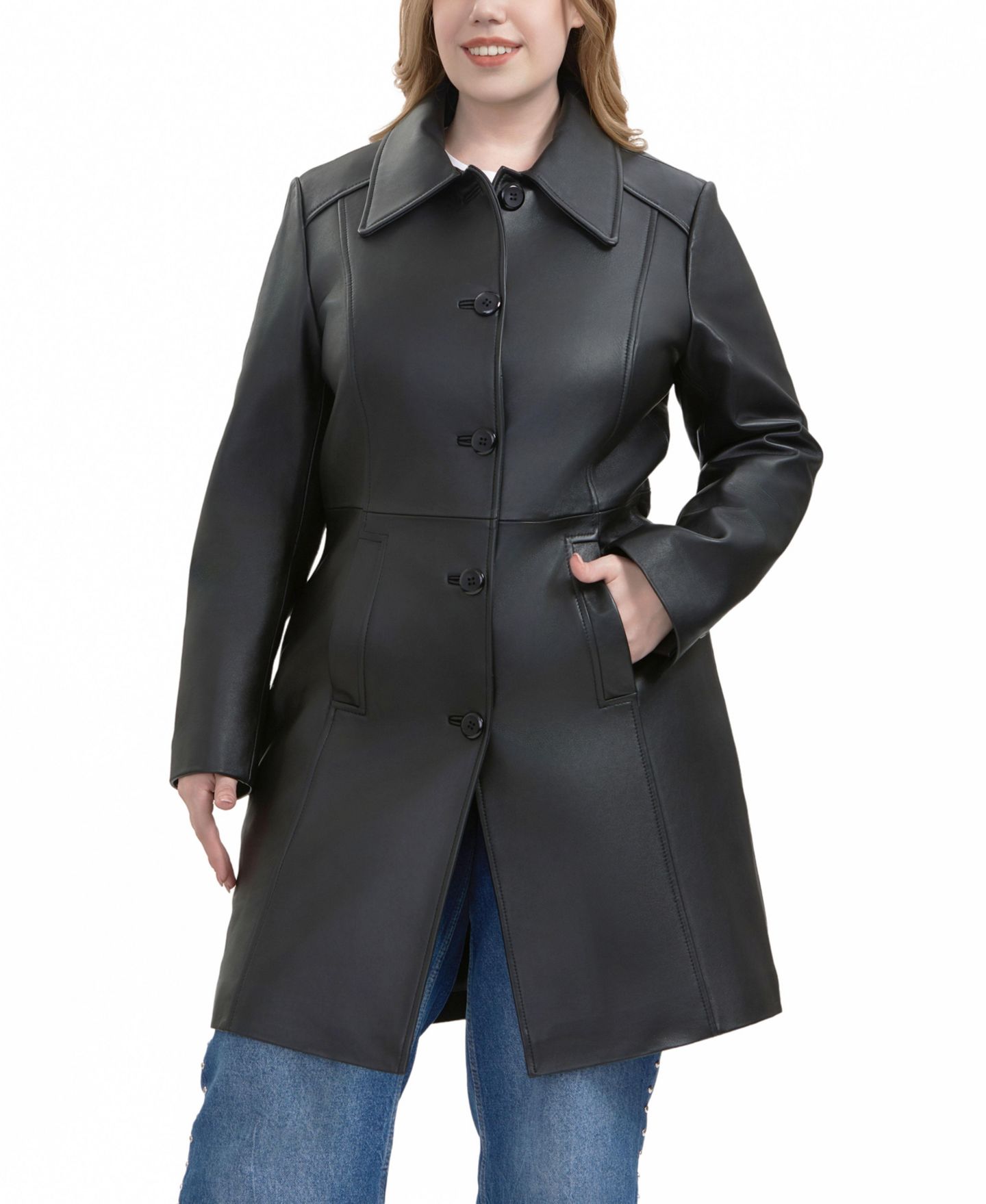 Женское пальто BGSD Plus Size Maisy Leather Long, цвет: Чёрный — фото 3