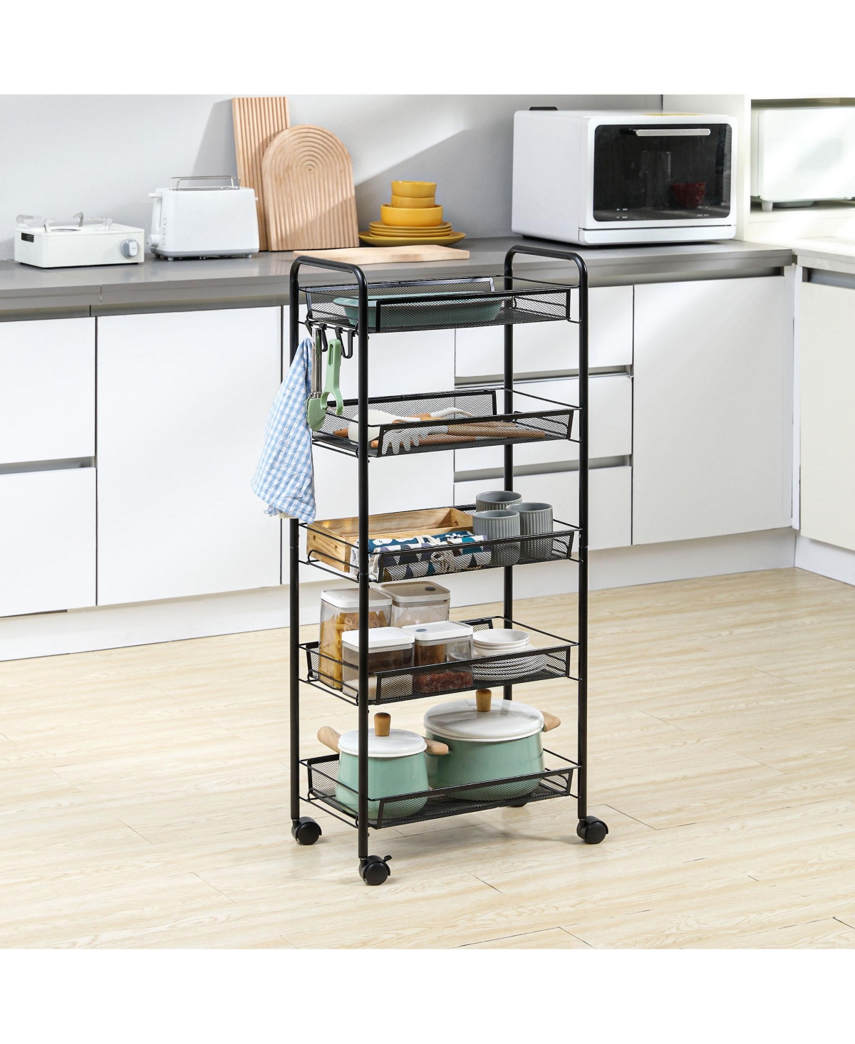 Homcom Compact 5-Tier Utility Cart, Serving Trolley with Removable Mesh Baskets,- Black
