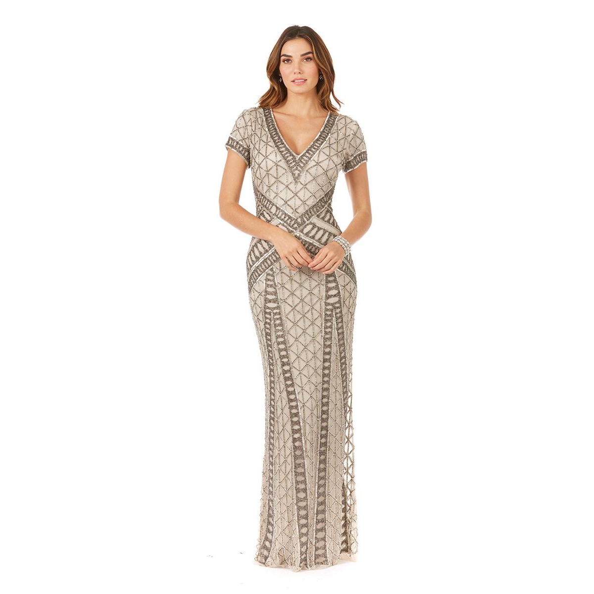Women's Beaded V-Neckline Dress with Cap Sleeves - Silver
