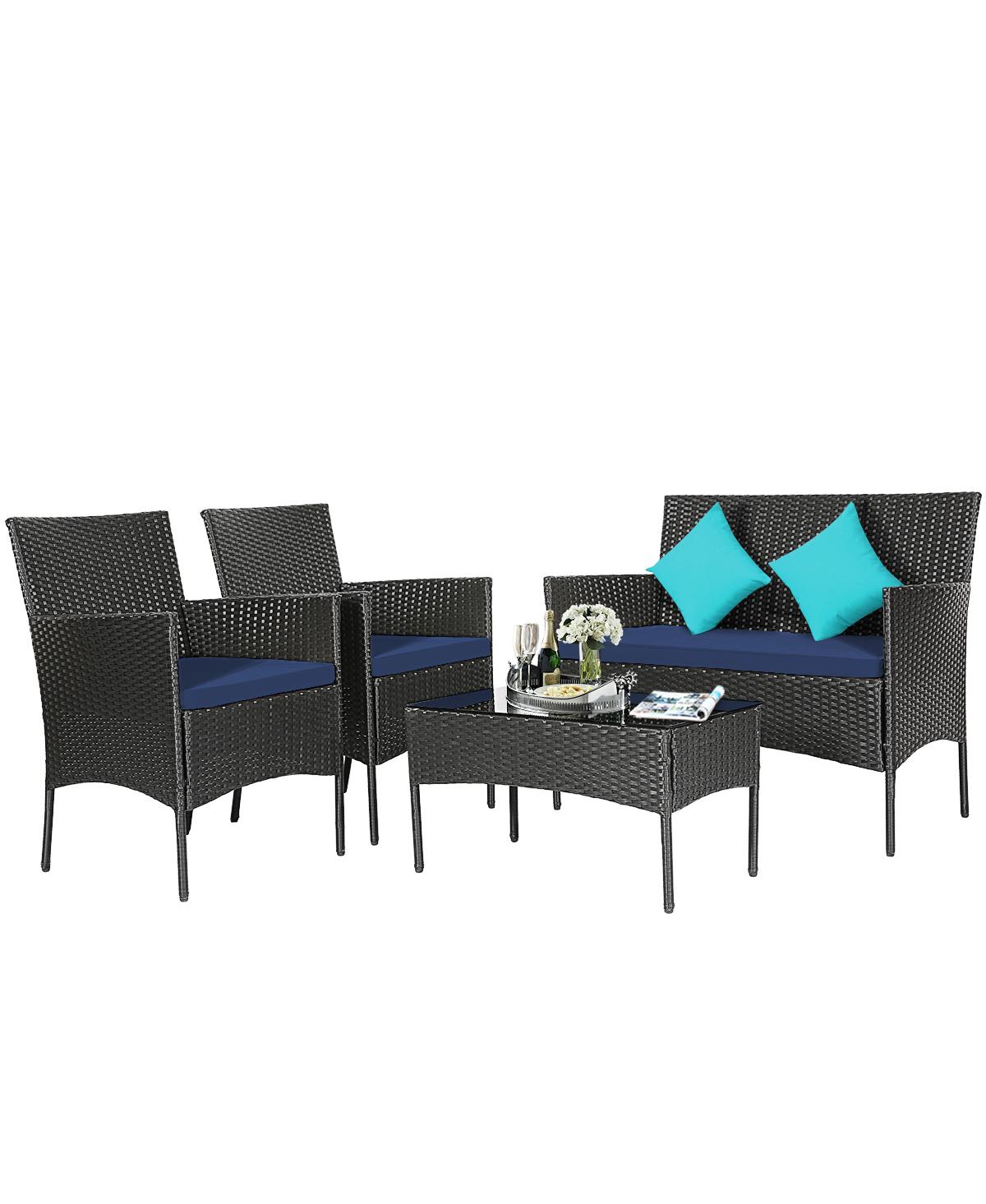 Sugift 4 Pieces Patio Rattan Cushioned Sofa Set with Tempered Glass Coffee Table- Navy