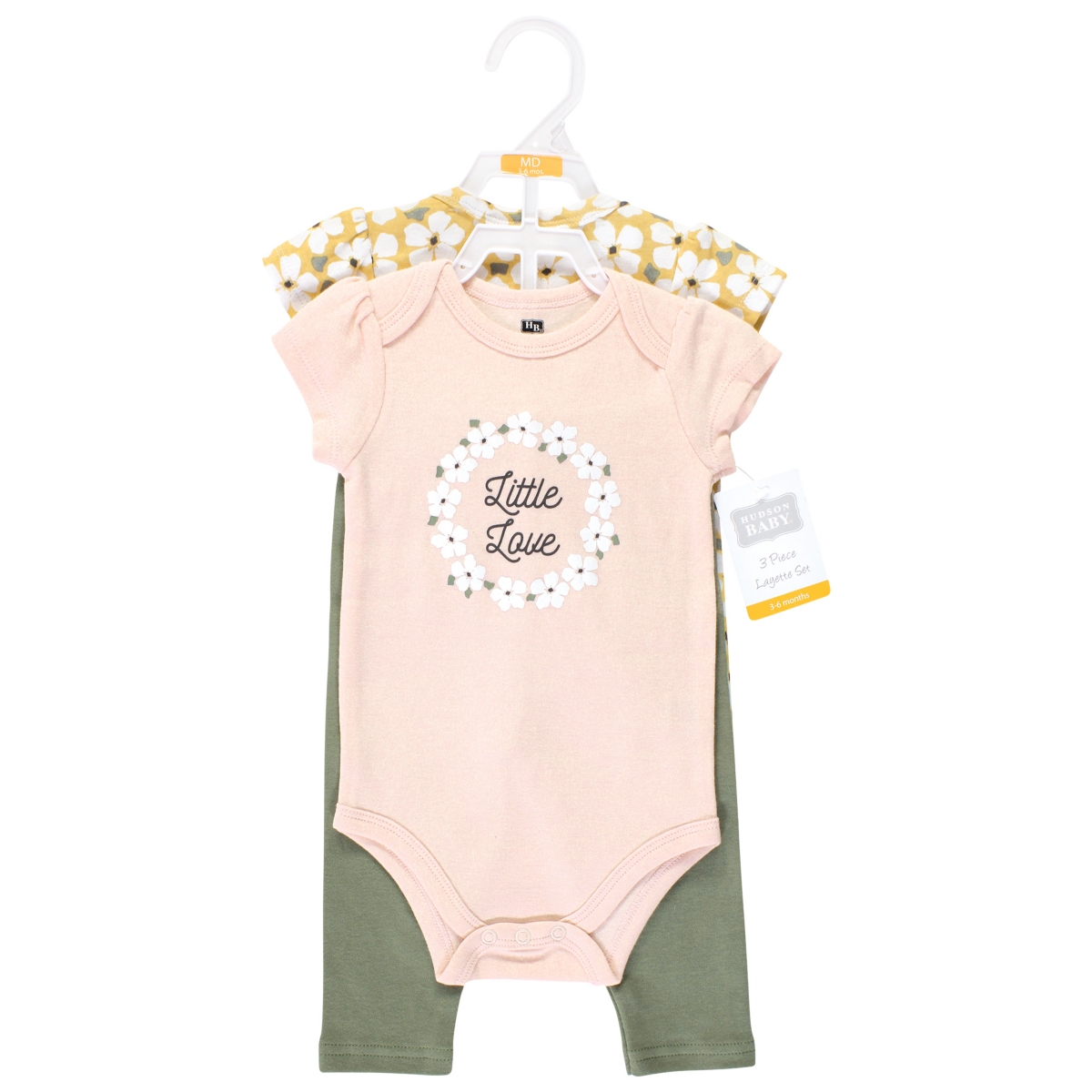 Hudson Baby Baby Girls Cotton Bodysuit and Pant Set,- Sage floral wreath