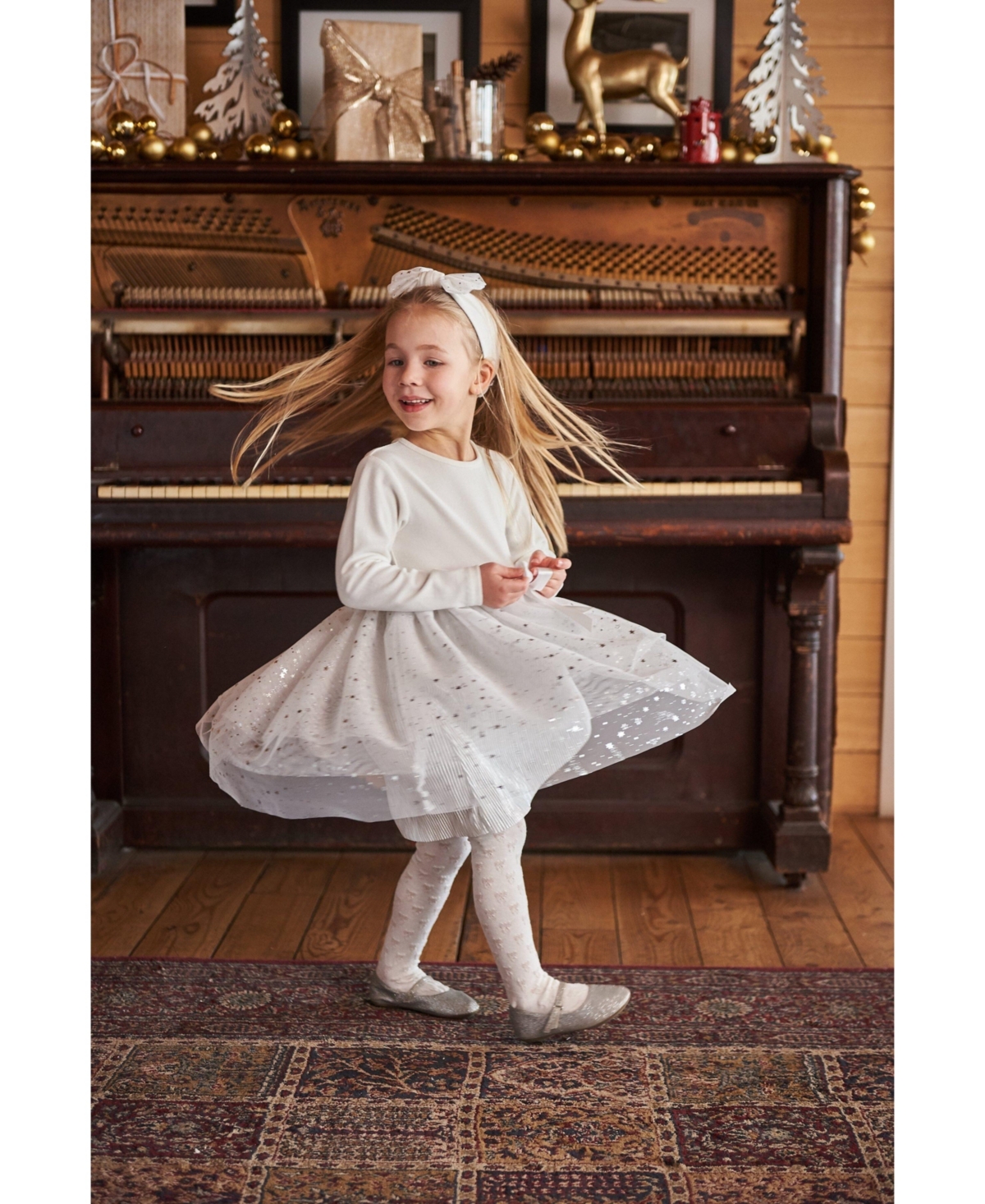 Deux par Deux Baby Girls Baby Bi-Material Dress With Glittering Tulle Skirt- Off white