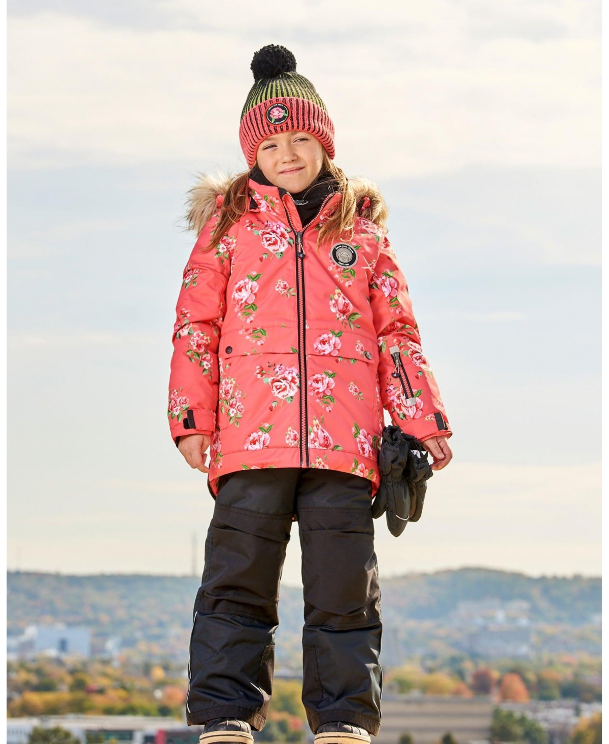 Deux par Deux Big Girls Two Piece Snowsuit- Black printed coral flowers