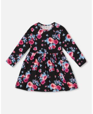 Printed Roses Dress With Pockets Black