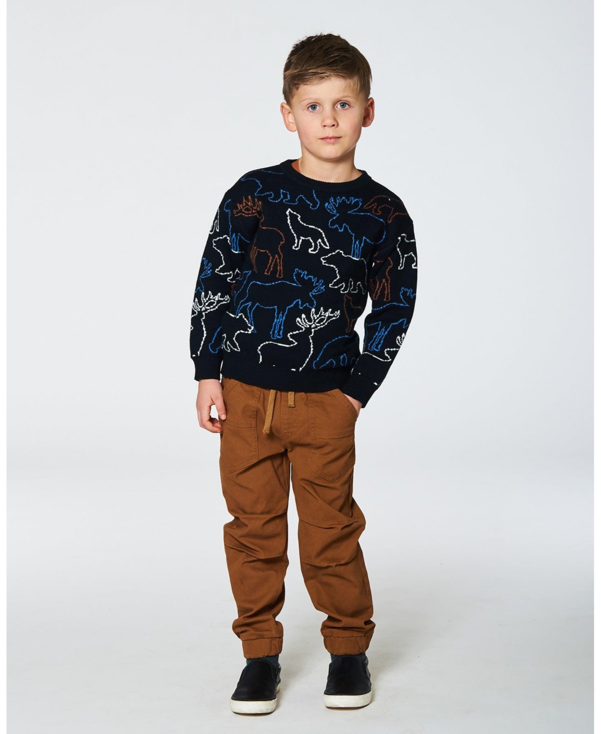 Deux par Deux Big Boys Sweater With Intarsia Animal Forest- Black