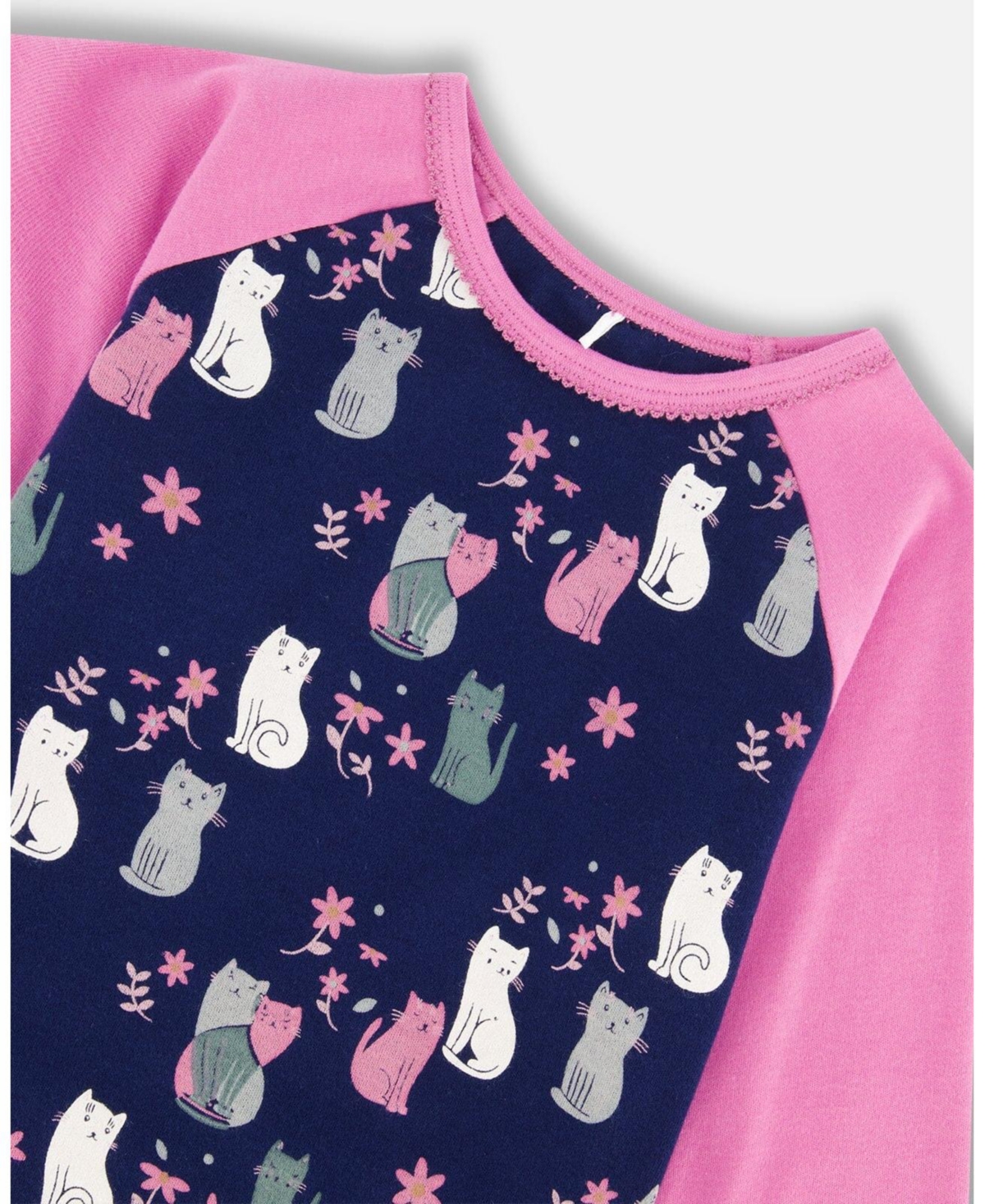 Deux par Deux Big Girls Organic Cotton Two Piece Pajama Set- Navy printed cats