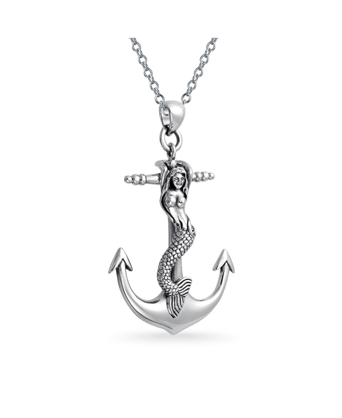 Nautical Large Anchor Dangling Sea Siren Mermaid Necklace Pendant For Women Oxidized .925 Sterling Silver - Silver