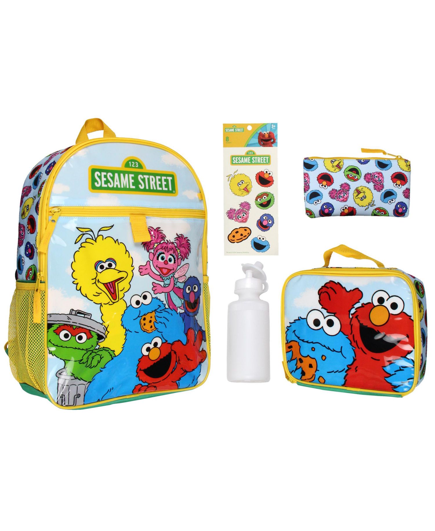 Group Cookie Monster Elmo Big Bird 5 PC Mega Set Backpack Lunch Box Pencil Pouch Waterbottle Stickers 16"