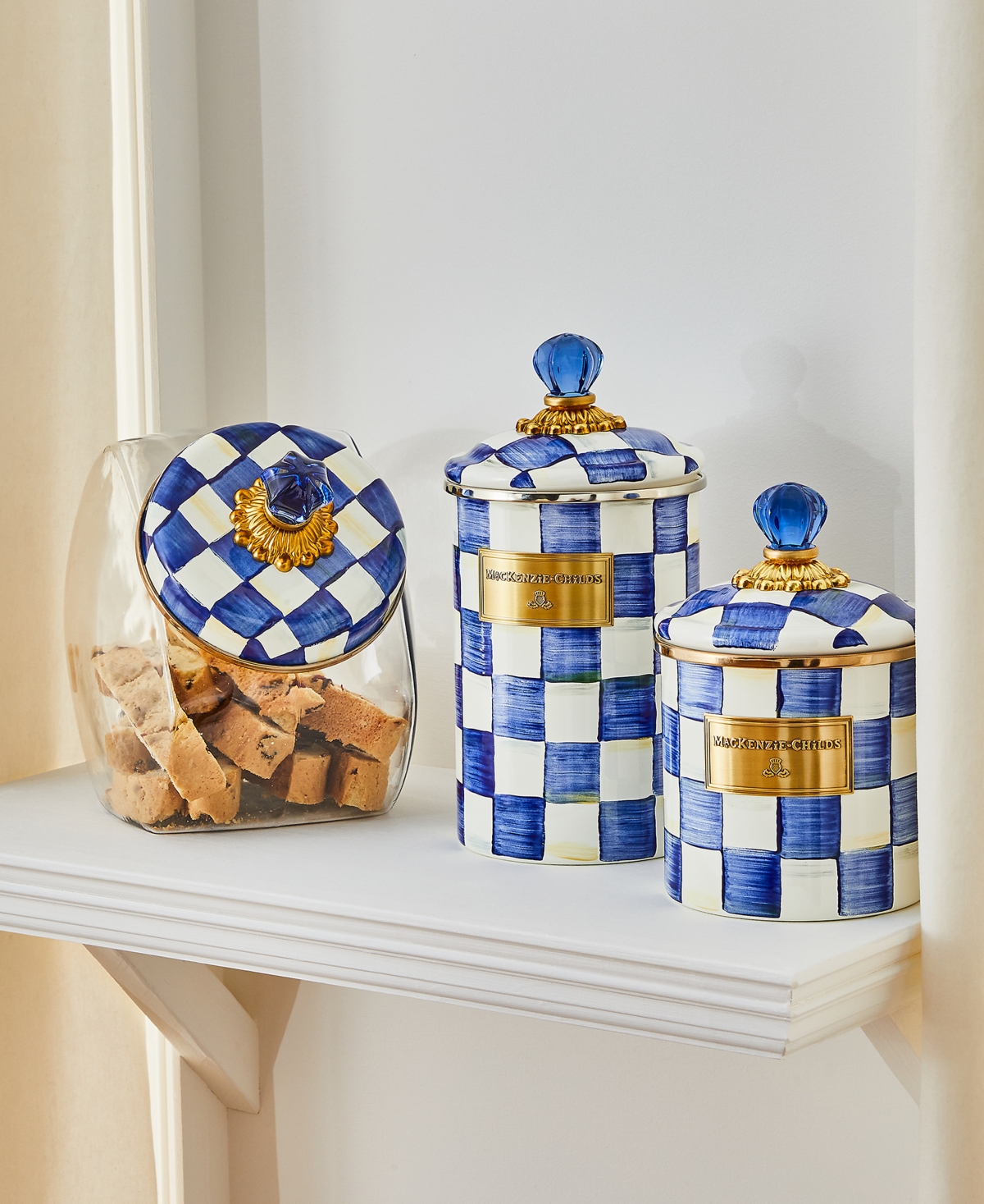 MACKENZIE-CHILDS ROYAL CHECK ENAMELED STEEL SMALL CANISTER 