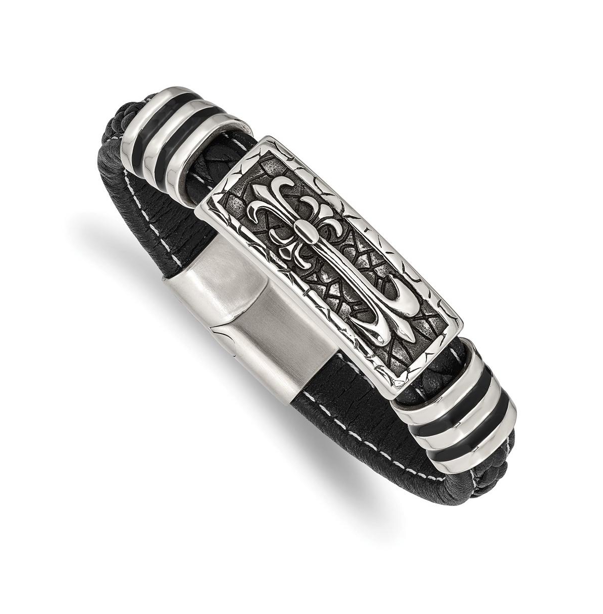 Stainless Steel with Enamel Cross Black Leather Bracelet