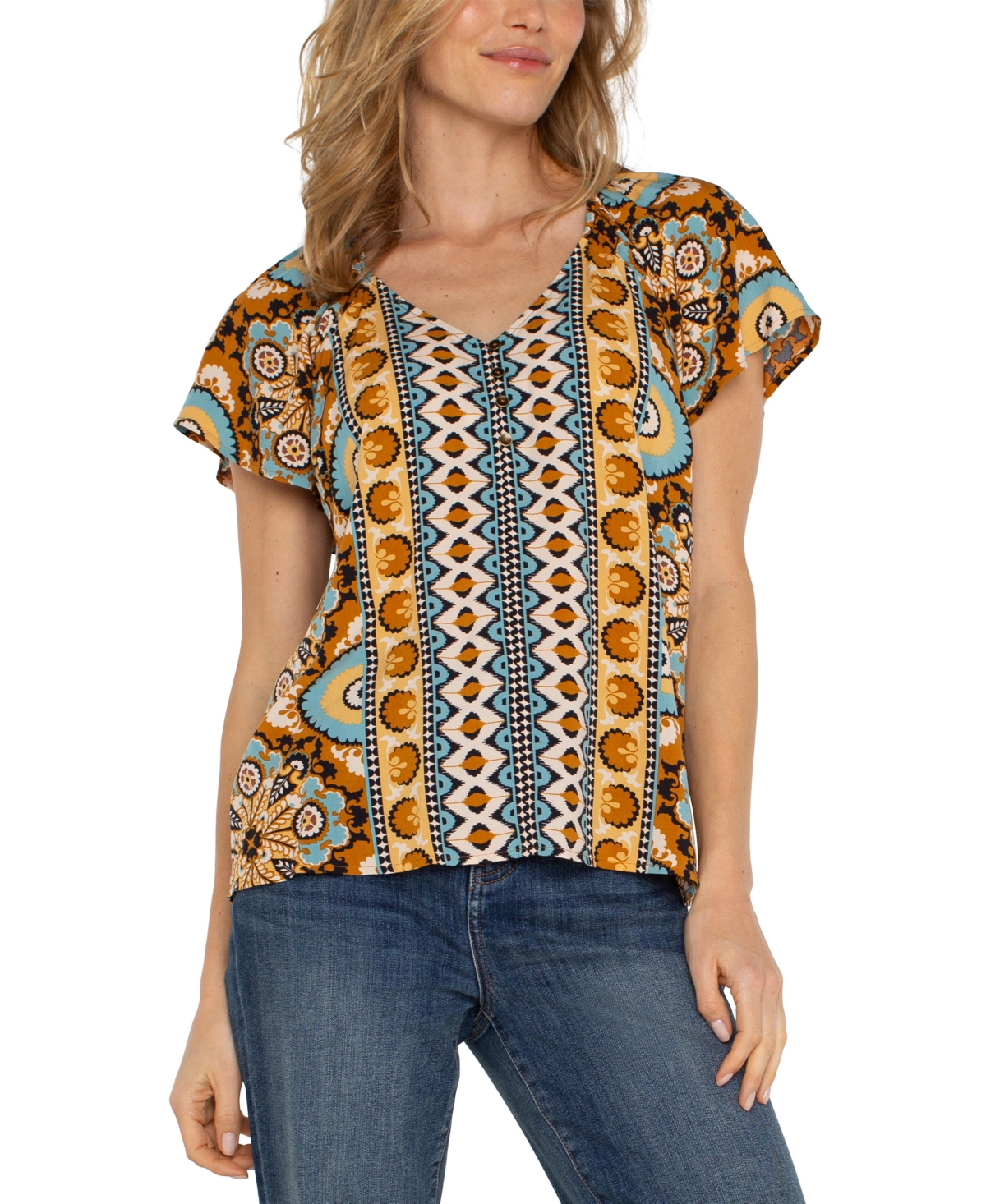 Shop Liverpool Women's Flutter-sleeve V-neck Top In Ocean Jasper