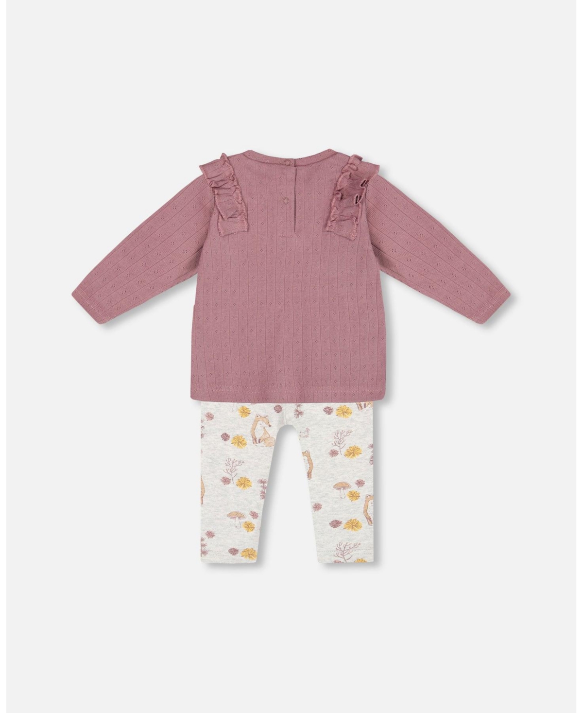 Deux par Deux Baby Girls Baby Organic Cotton Pointelle Top And Printed Leggings Set Woodrose With Fox - Woodrose and beige mix printed fox
