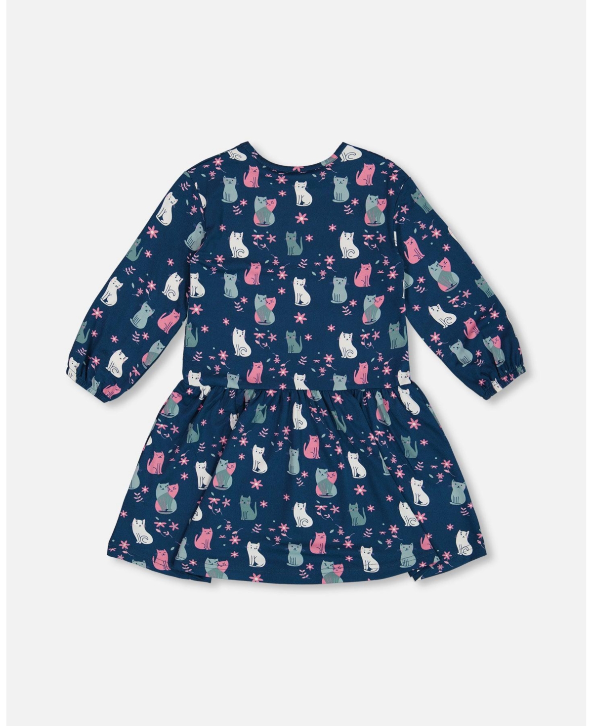 Deux par Deux Big Girls Printed Long Sleeve Dress Navy Blue With Kitten