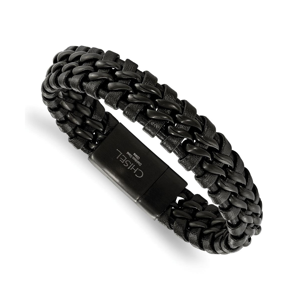 Stainless Steel Brushed Black Ip-plated Black Leather Bracelet