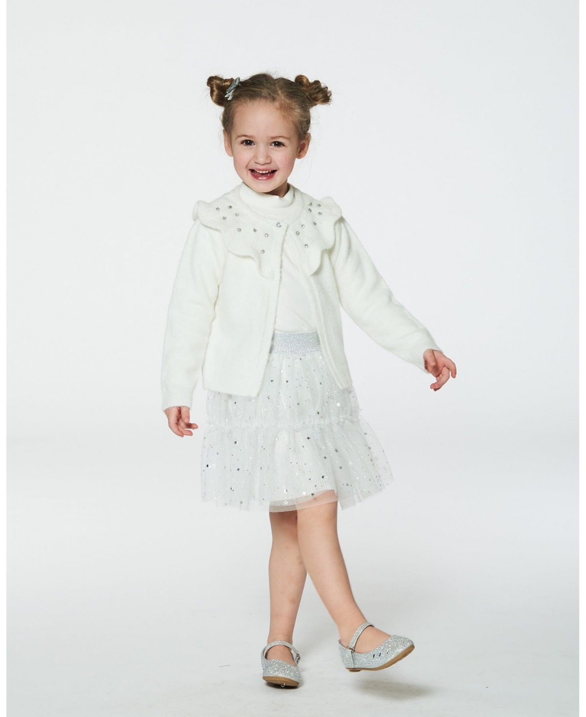 Deux par Deux Big Girls Knitted Cardigan With Beaded Collar- Off white