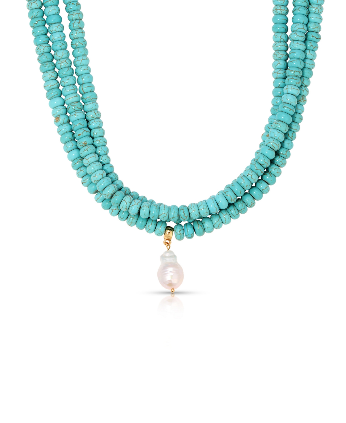Triple Strand Turquoise Statement Necklace with Cultivated Pearl Dangle - Turquoise