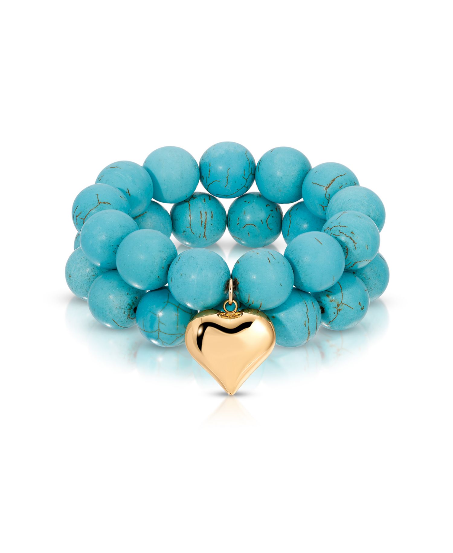 Turquoise and Gold Heart Beaded Elastic Bracelet Set