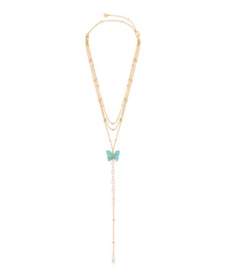 Turquoise Butterfly Cultivated Pearl Chain Lariat Necklace