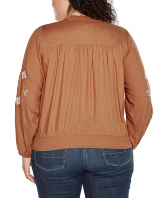 Black Label Plus Size Embroidered Blouson Sleeve V-Neck Blouse