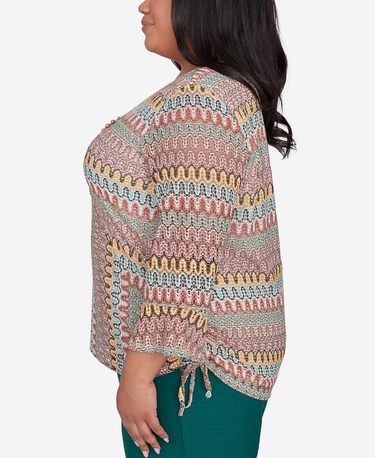 Alfred Dunner Plus Size Emerald Isle Spliced Texture Drawstring Hem Top