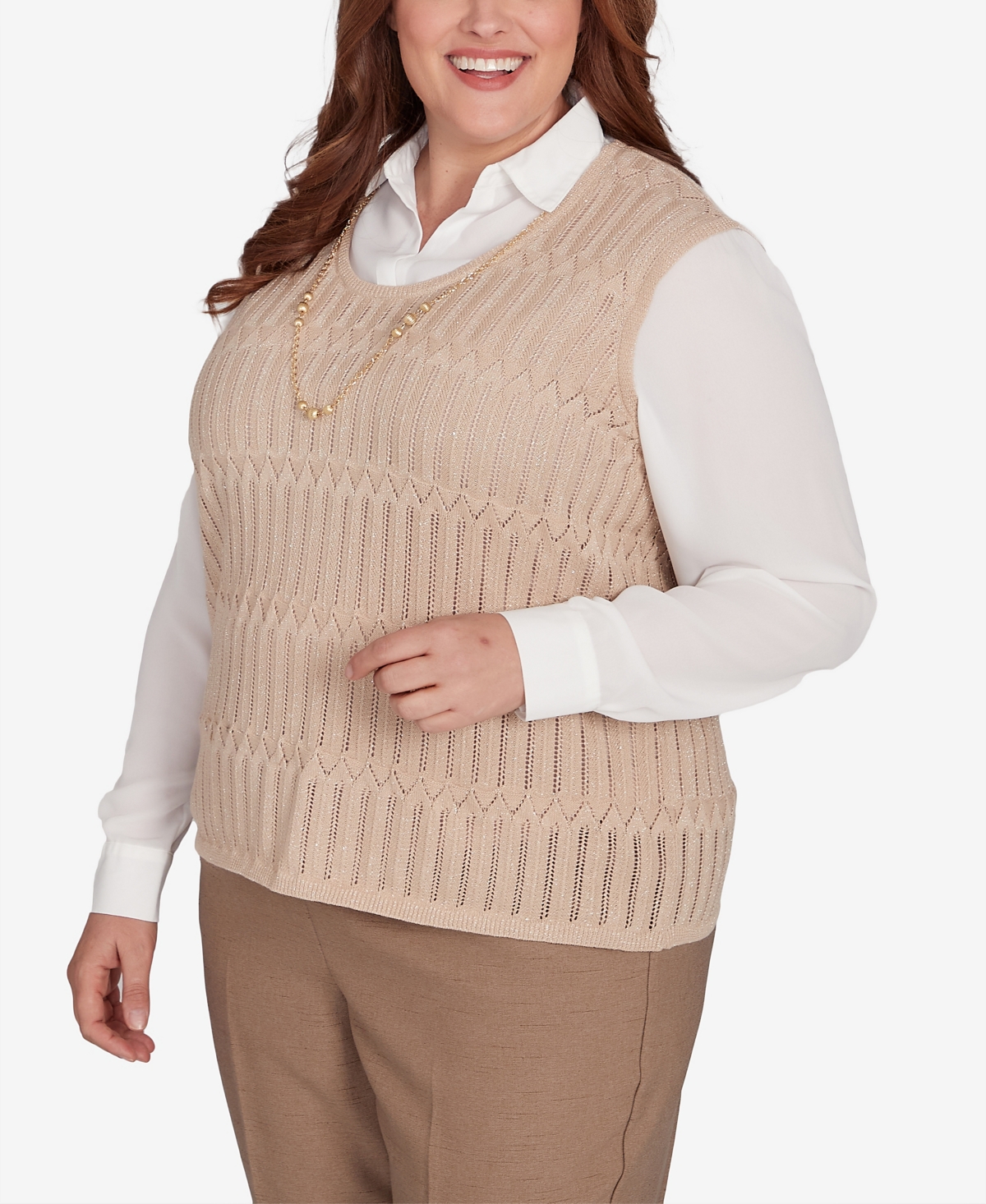 Alfred Dunner Plus Size Emerald Isle Two In One Textured Sweater Vest With A Detachable Necklace In Cashew