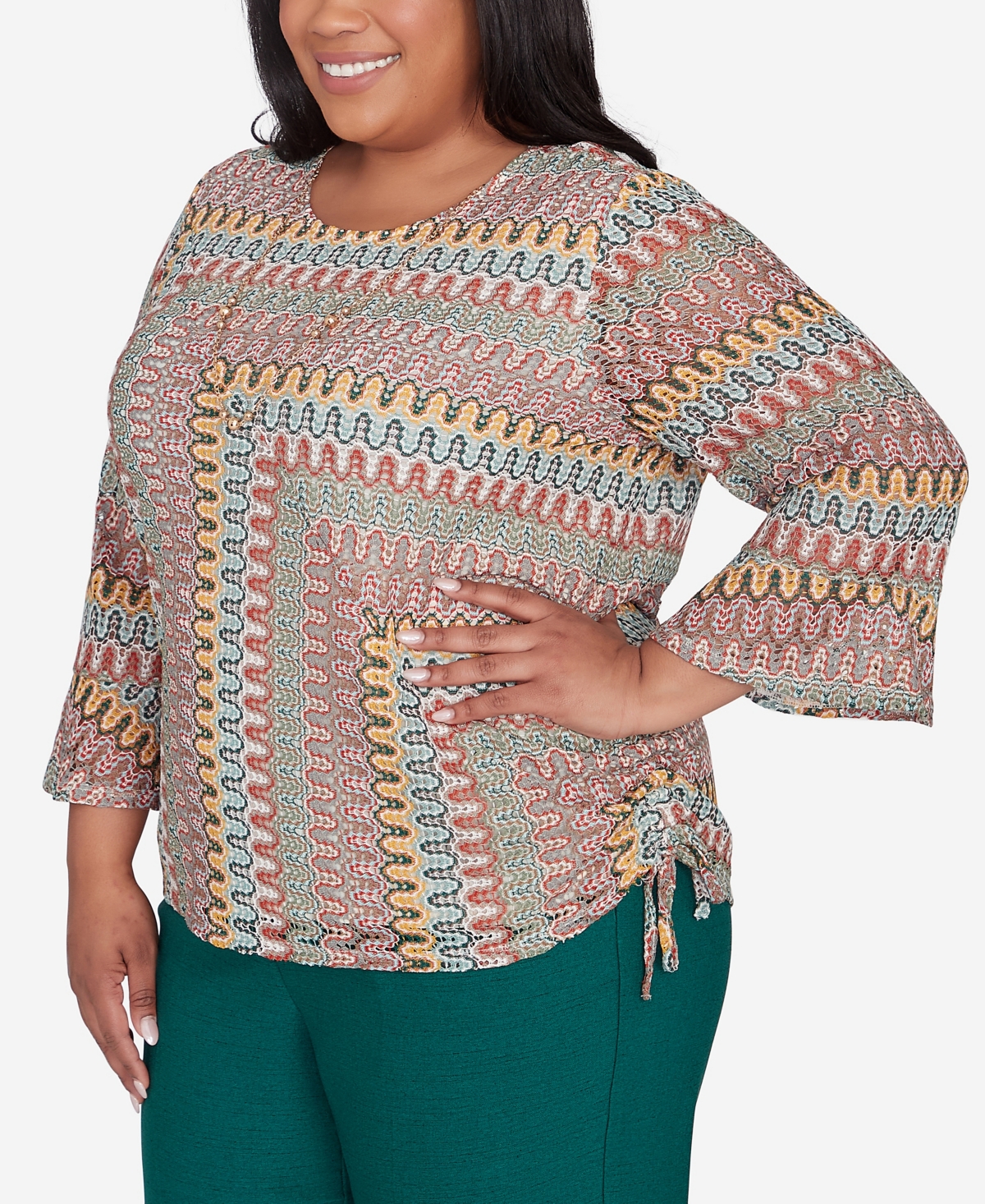 Alfred Dunner Plus Size Emerald Isle Spliced Texture Drawstring Hem Top