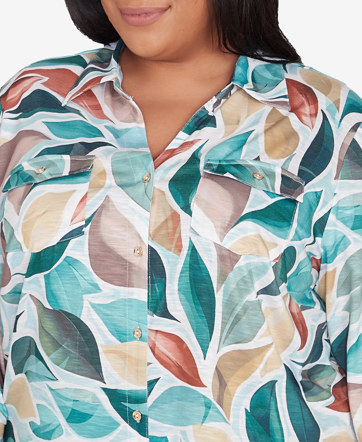 Alfred Dunner Plus Size Emerald Isle Abstract Leaf Top Bell Sleeve Button Front Top