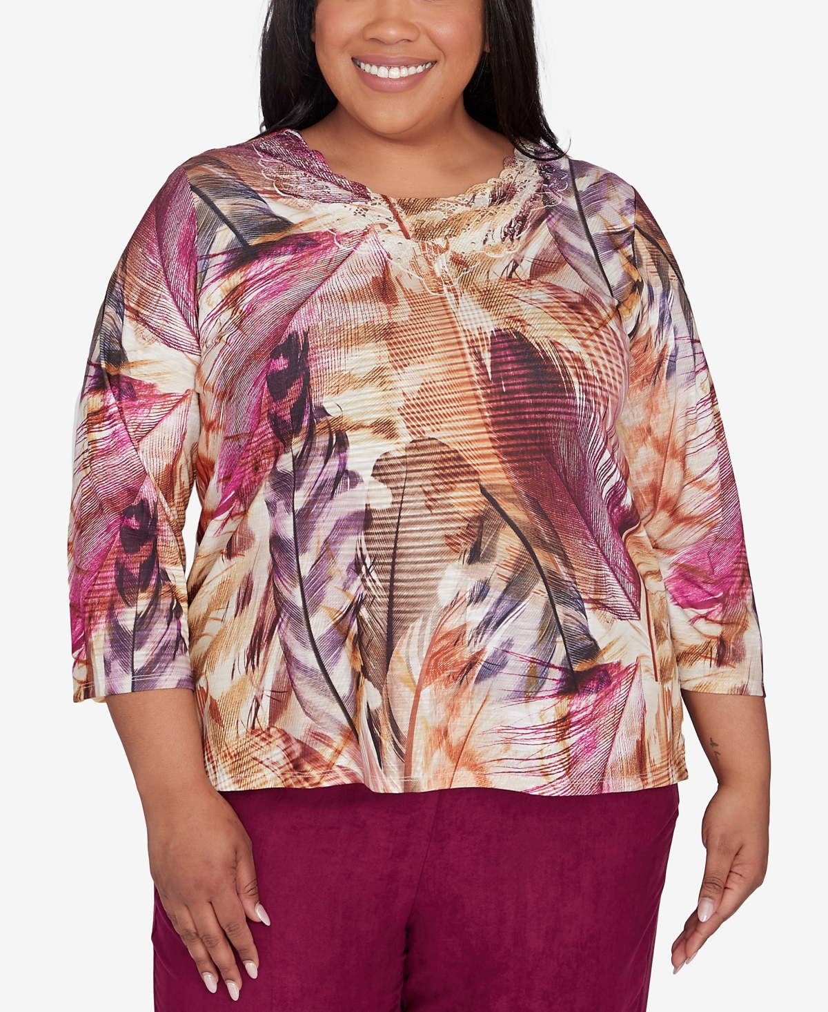 Alfred Dunner Plus Size Wine Country Lace Detailed Crew Neck Top In Multi Red