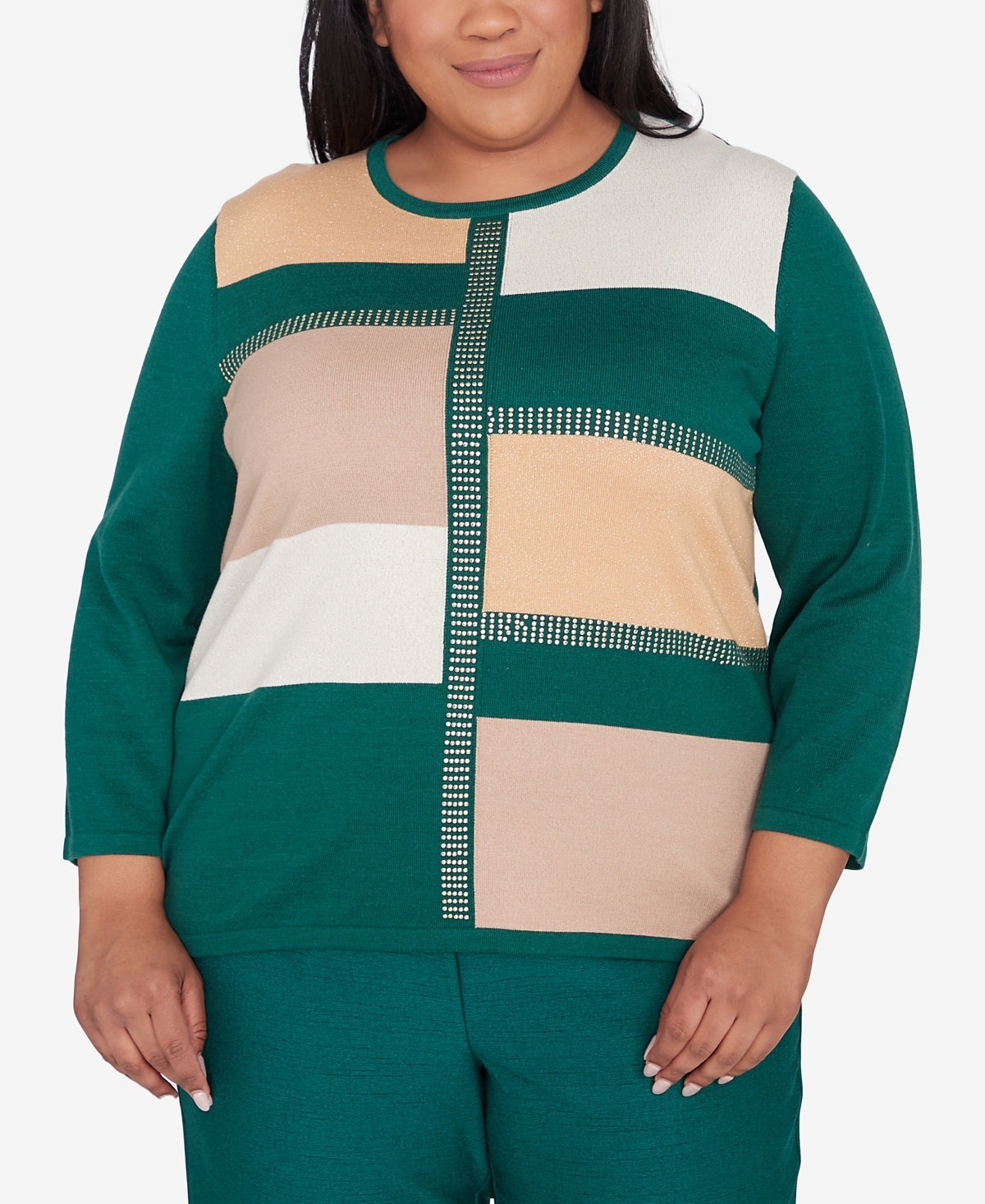 Alfred Dunner Plus Size Emerald Isle Color Blocking Gold Trim Sweater In Multi Green