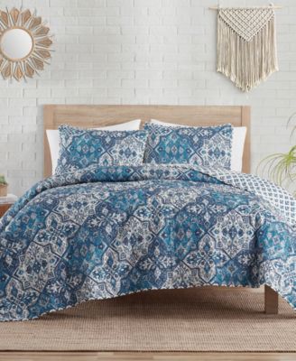White Denim Medallion Reversible 3-Pc. Quilt Set, King