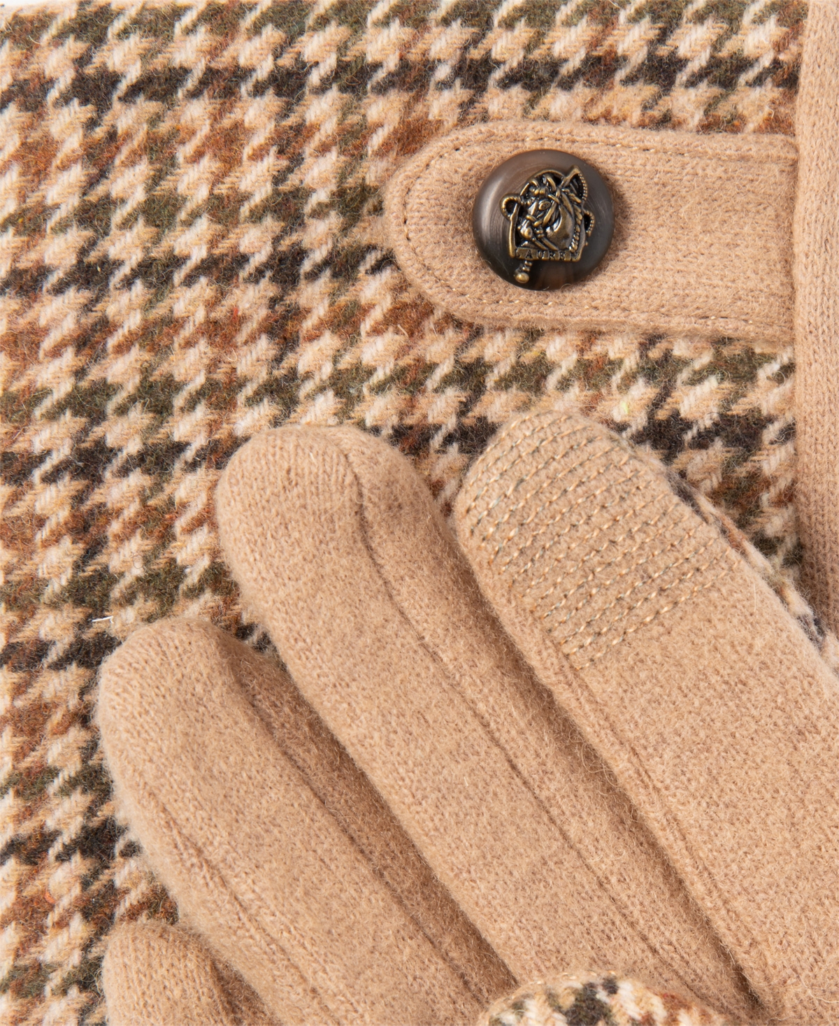 Ralph Lauren Menswear Pattern Touch Gloves With Button In Camel,brown Guncheck