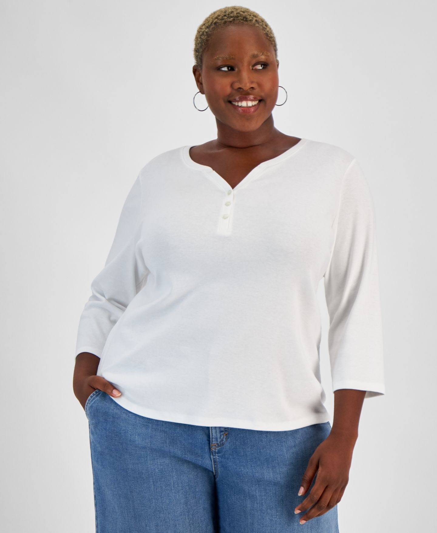 Женский топ Style & Co Cotton 3/4-Sleeve Henley Top, цвет: Яркий белый — фото 2