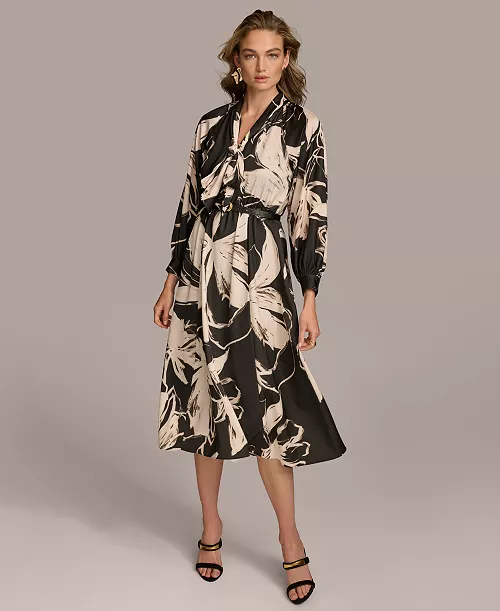 donna karan women's printed tie-neck midi dress