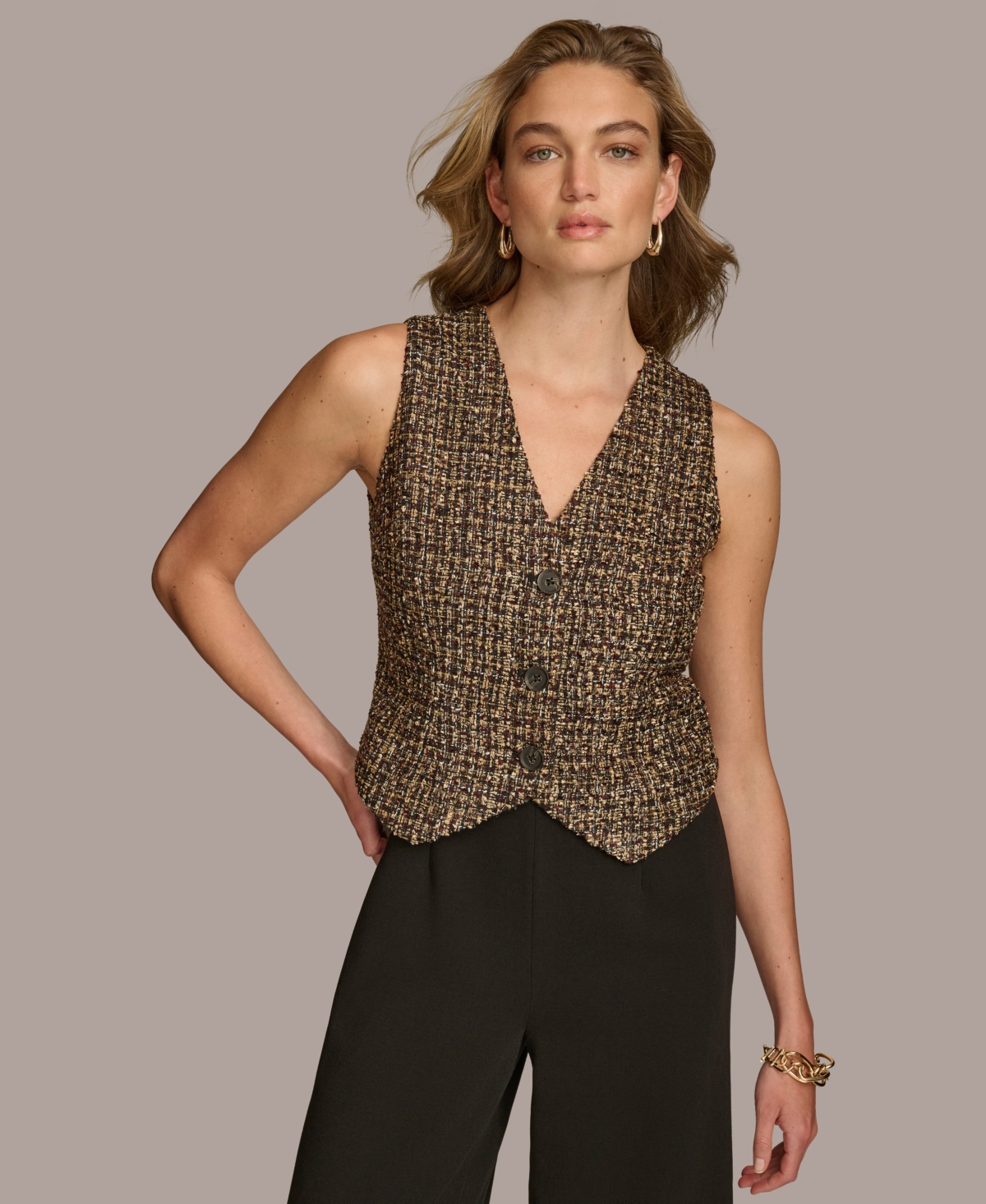 Donna Karan Women's Tweed-bodice Wide-leg Jumpsuit In Elderberry