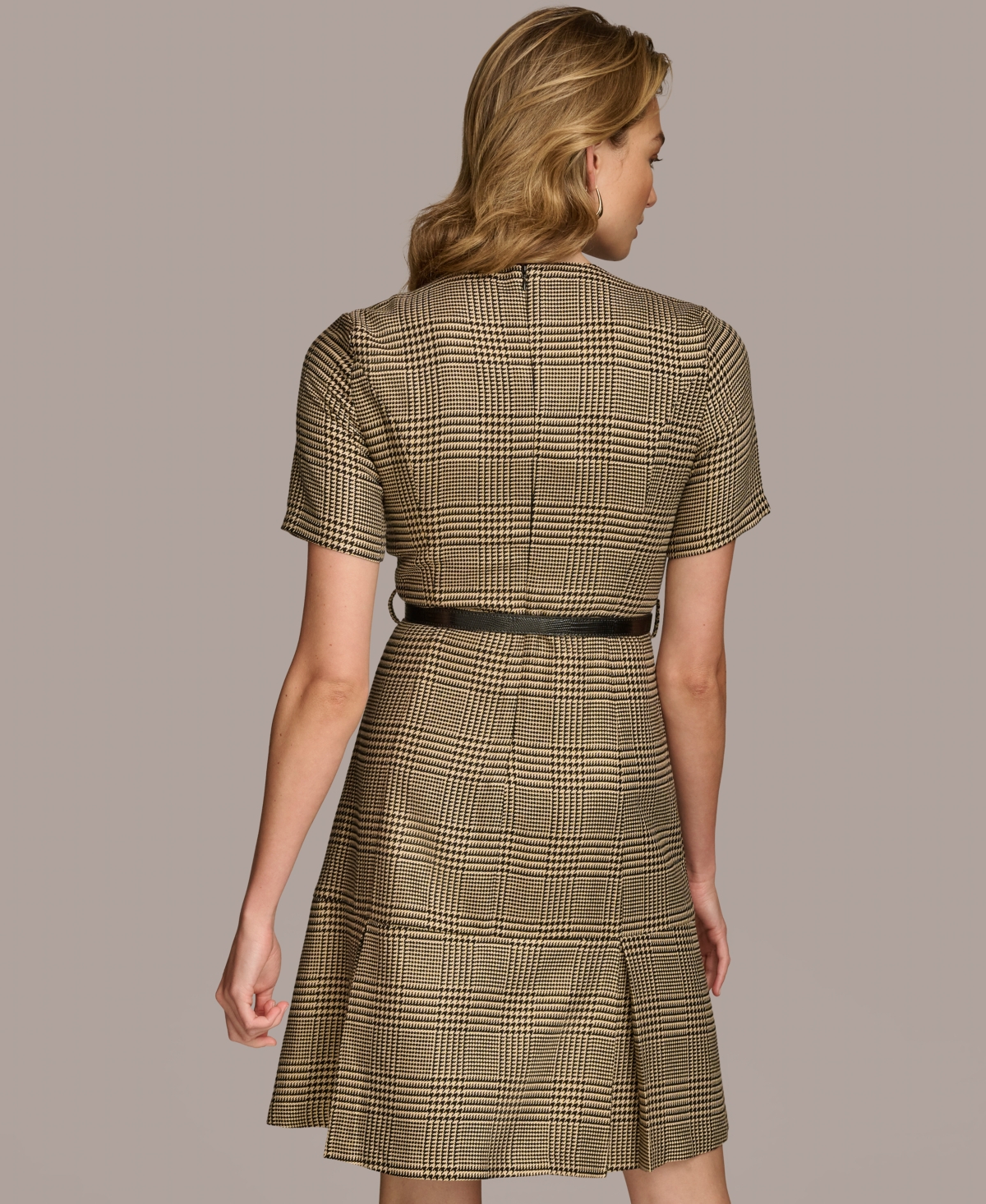 Donna Karan Women's Houndstooth Belted Short-sleeve Dress In Black Fawn